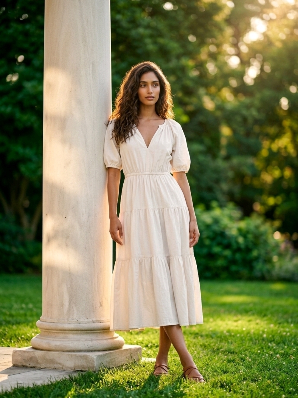 A.L.C. Cream Tiered Midi Dress with V-Neck and Puff Sleeves